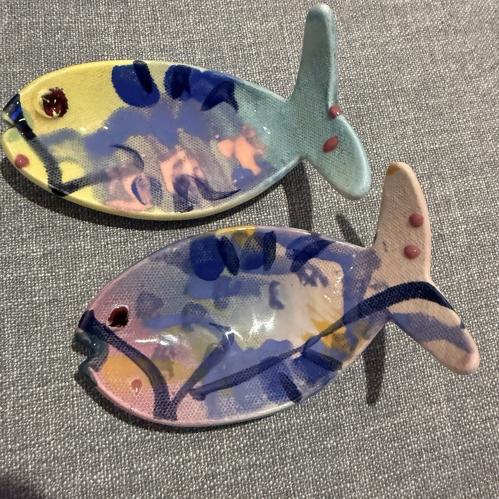 Vintage Jim Rice Naples Studio Pottery Two Painted Ceramic Fish Bowls 5.5" EUC